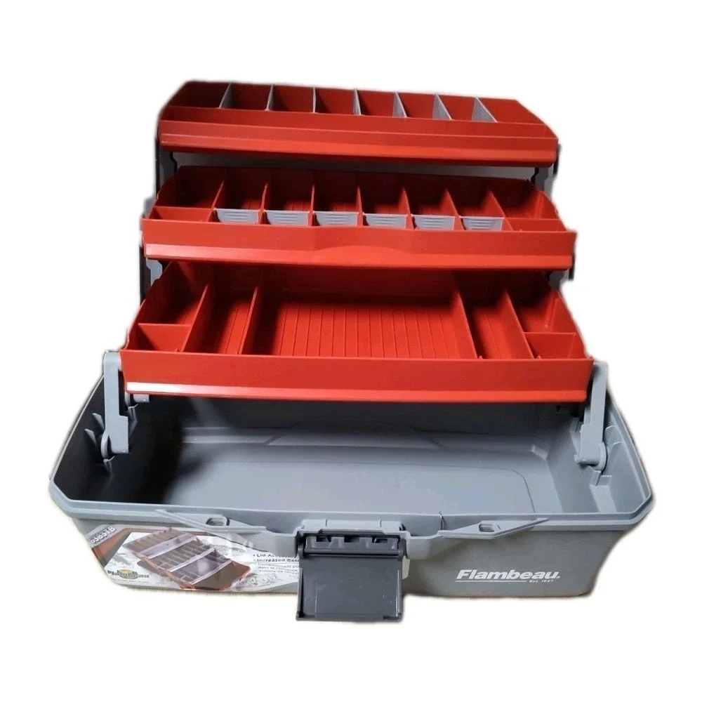 Flambeau 3-Tray Tackle Box - 32 Compartment Organizer, Water-Resistant, Red/Gray